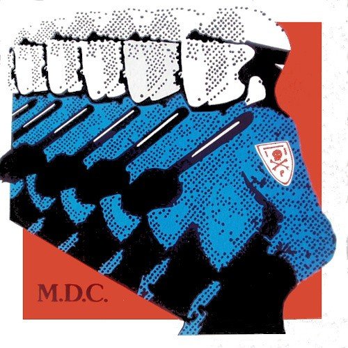 Blue and white graphic of teeth and police silhouettes, with "M.D.C." text.