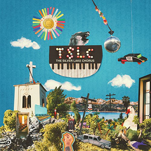 Collage album cover with sun, bear, piano keys, and buildings.