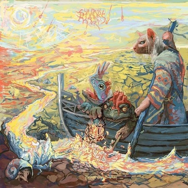 Painted album cover with anthropomorphic animals in a surreal landscape.