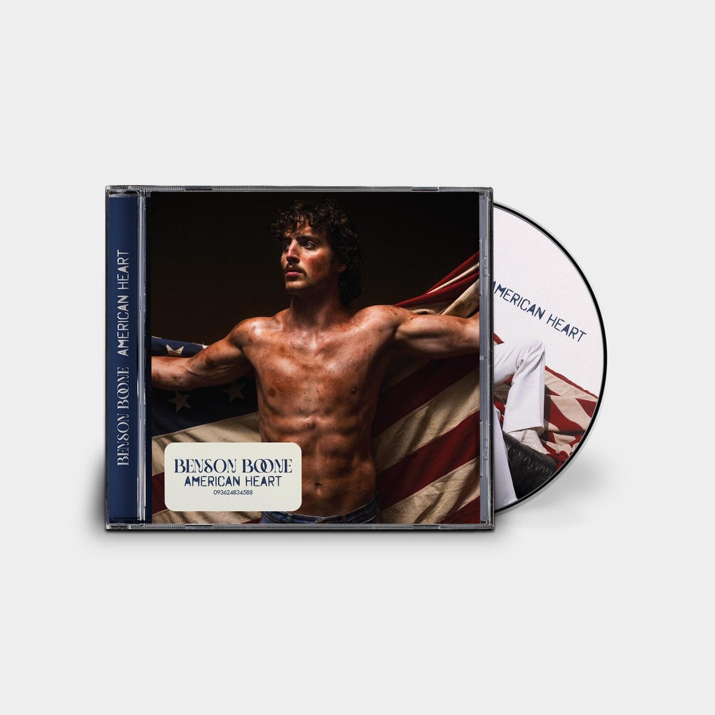 CD case featuring Benson Boone with an American flag background.