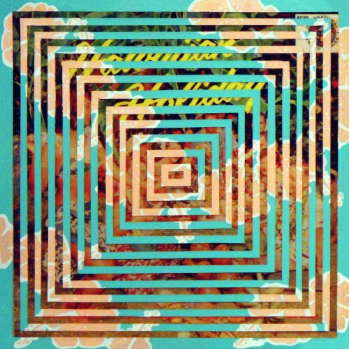Concentric squares in teal, yellow, and white with floral patterns.