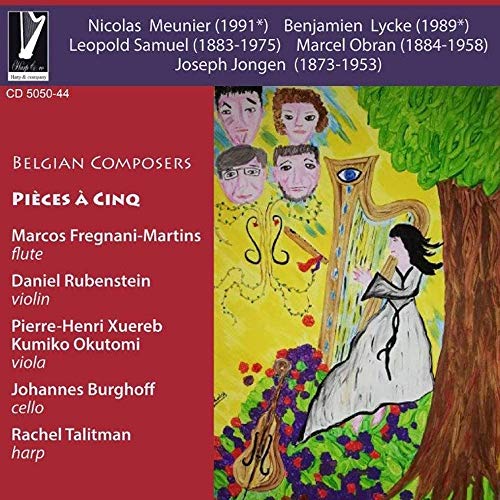 CD cover featuring portraits of composers and a painted harp scene.