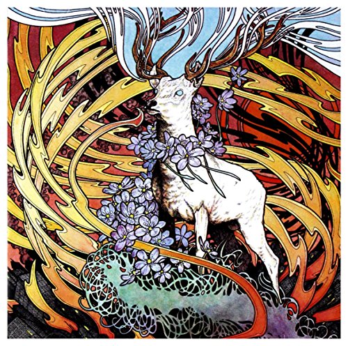 White stag with floral adornments in swirling, colorful Art Nouveau style.