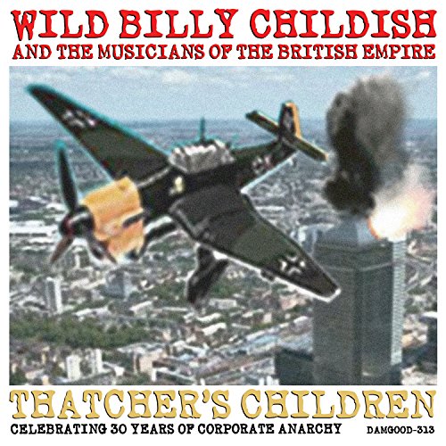 Record cover: airplane flying over a city with smoke, text “Thatcher’s Children”.