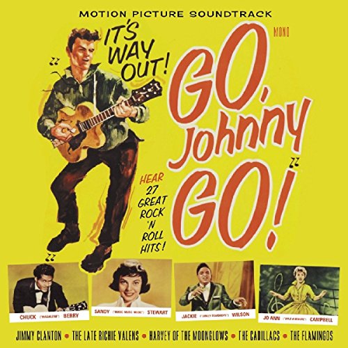 Yellow CD cover for "Go Johnny Go!" soundtrack featuring a guitarist and musicians.