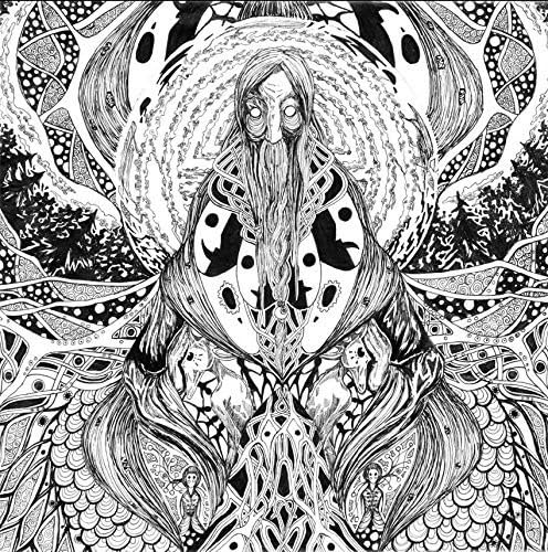 Black and white ink illustration of a long-bearded figure amidst intricate, swirling psychedelic patterns.