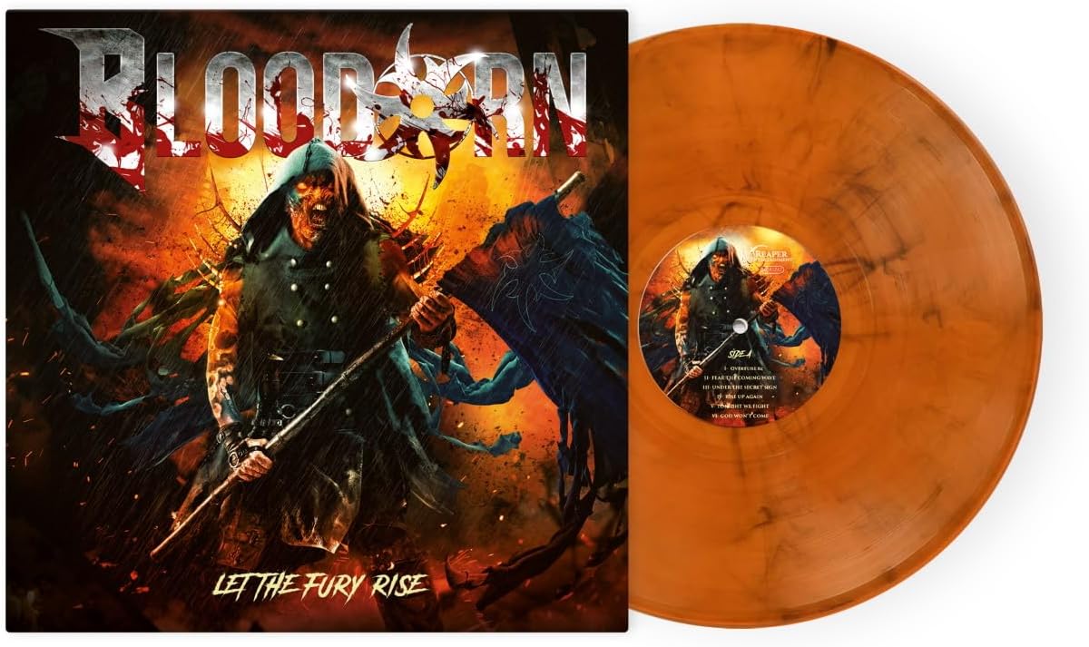Vinyl record cover featuring a warrior with a spear against a fiery background.