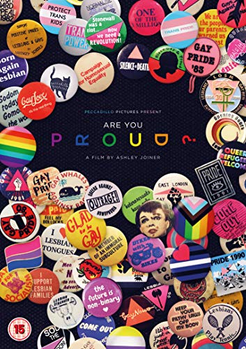 DVD cover for “Are You Proud?” featuring a collage of LGBTQ+ protest buttons.