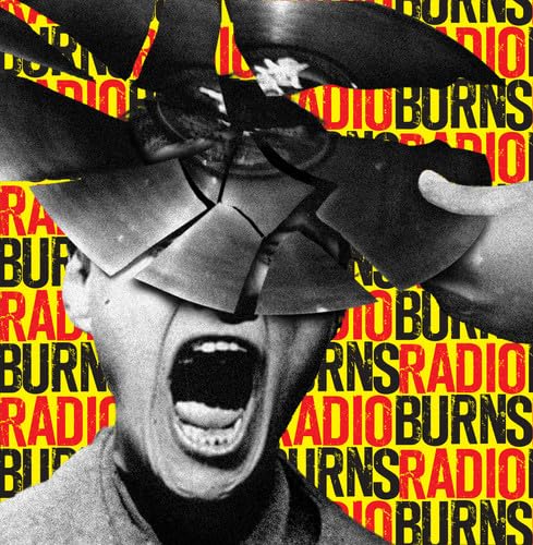 Collage of a screaming face with broken sunglasses and repeating text.