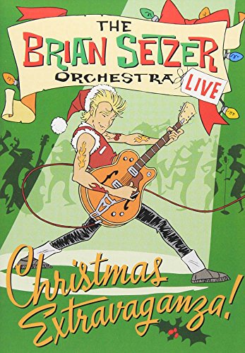 Cartoon of Brian Setzer playing guitar in a Santa hat for DVD.
