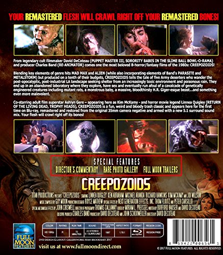 Creepozoids Blu-ray back cover with monster imagery and film details.