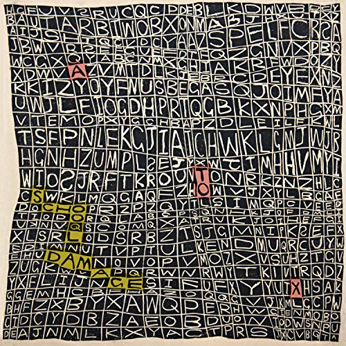 Black and white CD cover with dense, overlapping letterforms and red highlights.