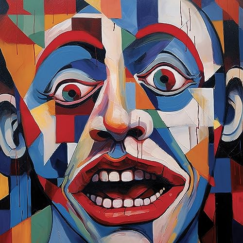 Abstract painting of a clown’s face with large eyes and red lips.