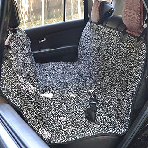 Leopard-print pet car seat cover installed in a vehicle’s back seat.