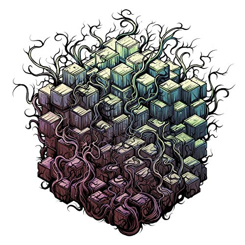 Isometric cube of blocks with vine-like tendrils, colorful illustration.