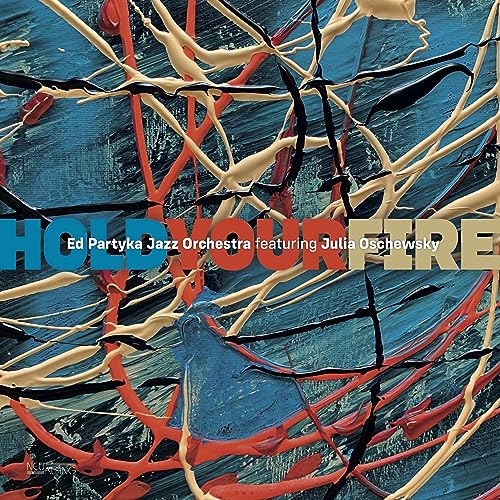 Vinyl album cover: abstract red and blue paint with bold text.