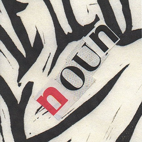 Cut-out letters spelling "noun" over a black and white abstract background.