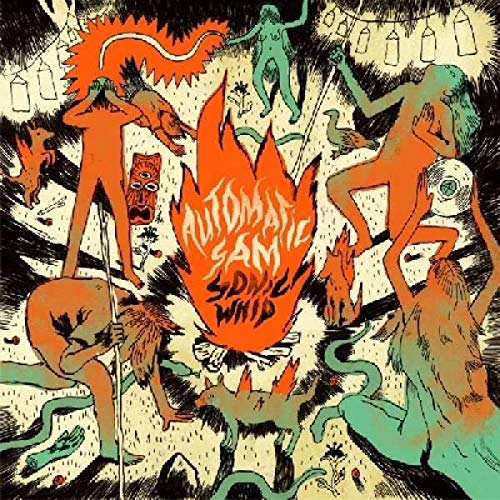 Abstract illustration of nude figures and flames with text in a central fire shape.