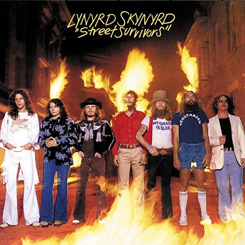 Lynyrd Skynyrd album cover, "Street Survivors", with band members and flames.