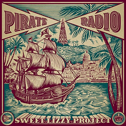 CD cover: pirate ship sailing towards a coastal town and radio tower.