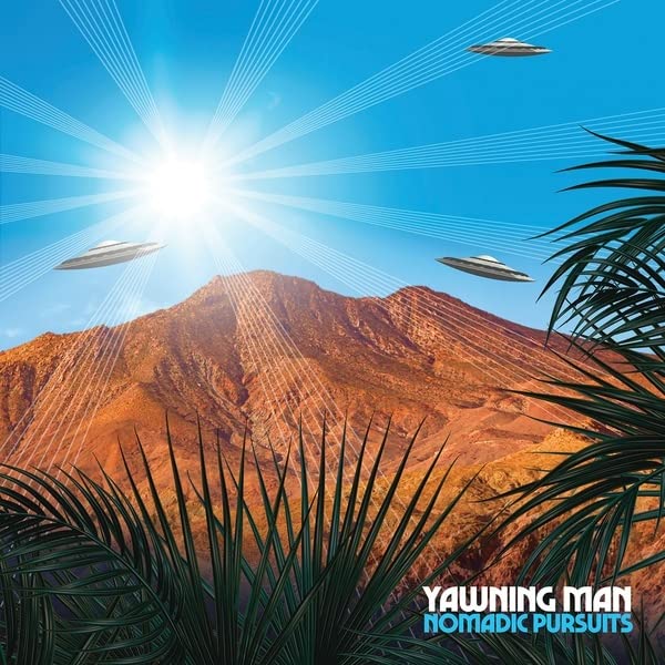 Desert landscape with UFOs and a bright sun, album cover art.