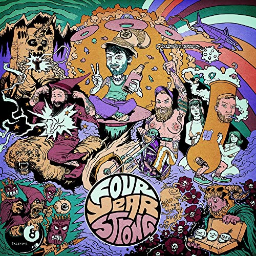 Colorful illustration of people, creatures, and objects on an album cover.