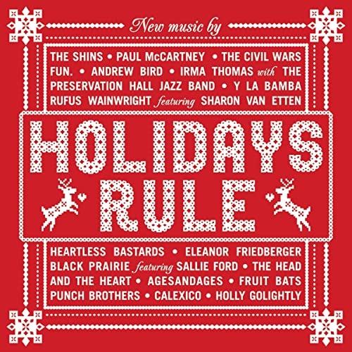 Red album cover with white embroidered text reading "Holidays Rule" and reindeer.