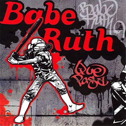 Babe Ruth baseball player illustration with red text and graffiti background.
