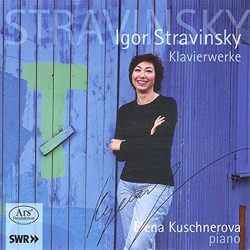 CD cover: Elena Kuschnerova, pianist, against a blue wooden background.