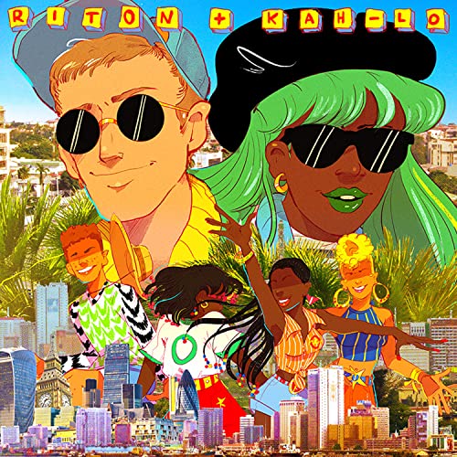 Colorful illustrated album cover featuring musicians and a city skyline.