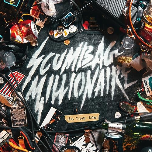 Album cover for “Scumbag Millionaire” by All Time Low, cluttered with objects.