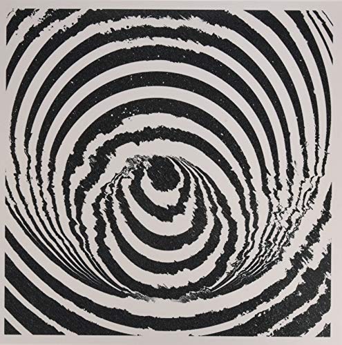 Black and white spiral pattern on a square vinyl record cover.