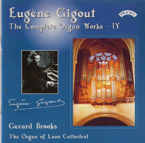 CD cover showing Eugene Gigout at an organ and the Laon Cathedral pipe organ.