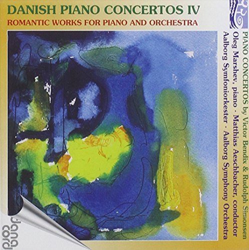 CD cover for Danish Piano Concertos IV with abstract blue and yellow watercolor artwork.