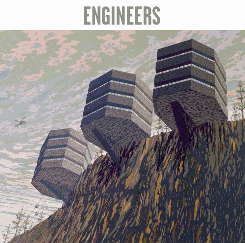 CD cover for "Engineers" featuring stylized, tilted brutalist buildings.