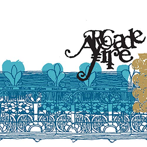 Arcade Fire EP vinyl cover: blue and gold illustrated landscape.