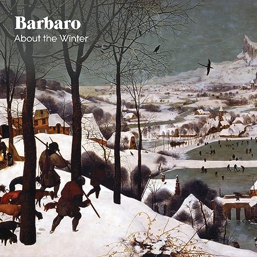 Snowy winter landscape painting with figures and bare trees.