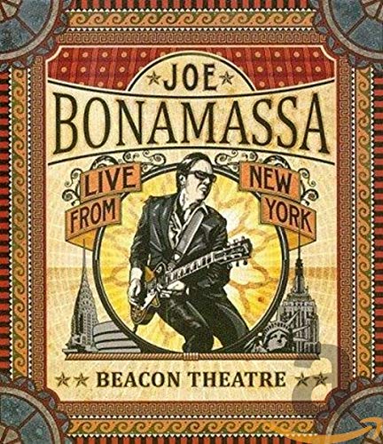 Joe Bonamassa playing guitar on a vintage-style concert poster with New York City landmarks.