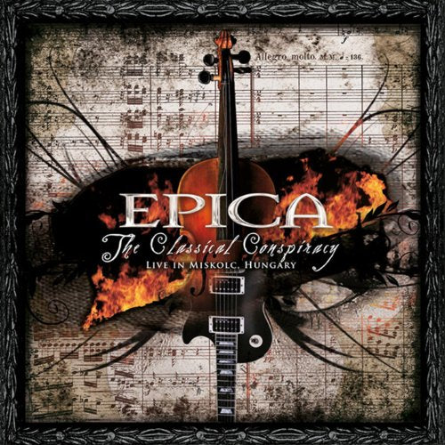 Epica album cover: electric guitar merging with a cello, flames, sheet music.