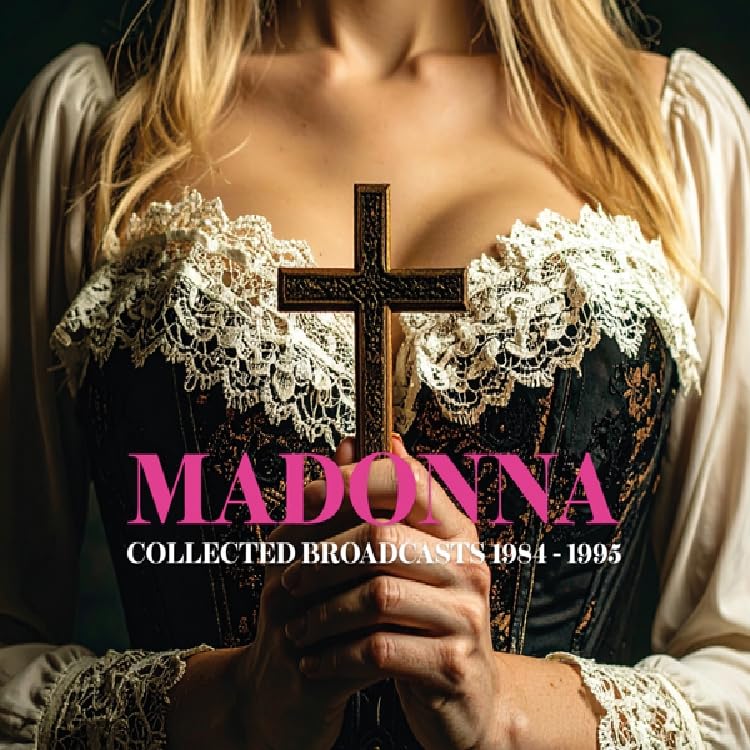Madonna in a lace bodice with a cross, album cover art.