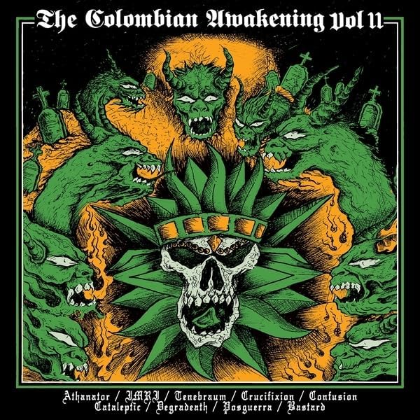 Vinyl album cover with green and black demonic imagery and band names.