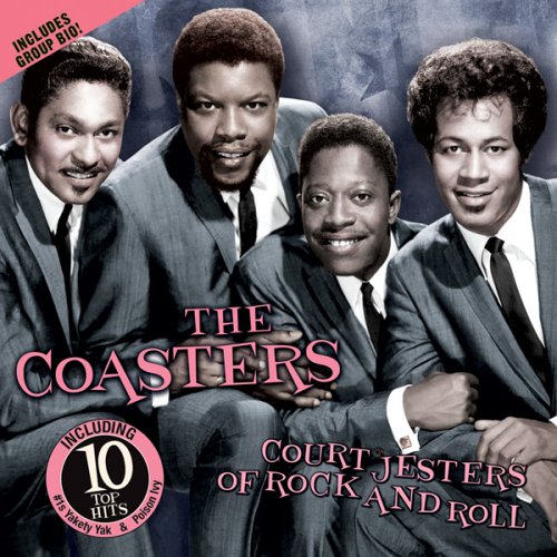 CD cover of The Coasters, four men in suits, with text overlay.