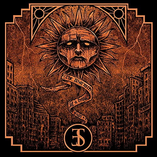 Engraved sun face with a city skyline and lightning, orange tones.