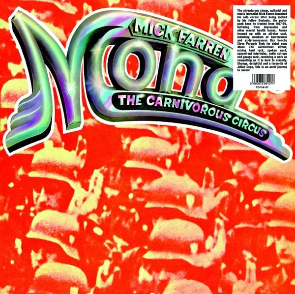 Vinyl record cover: red background, swirling green text, and a clown image.