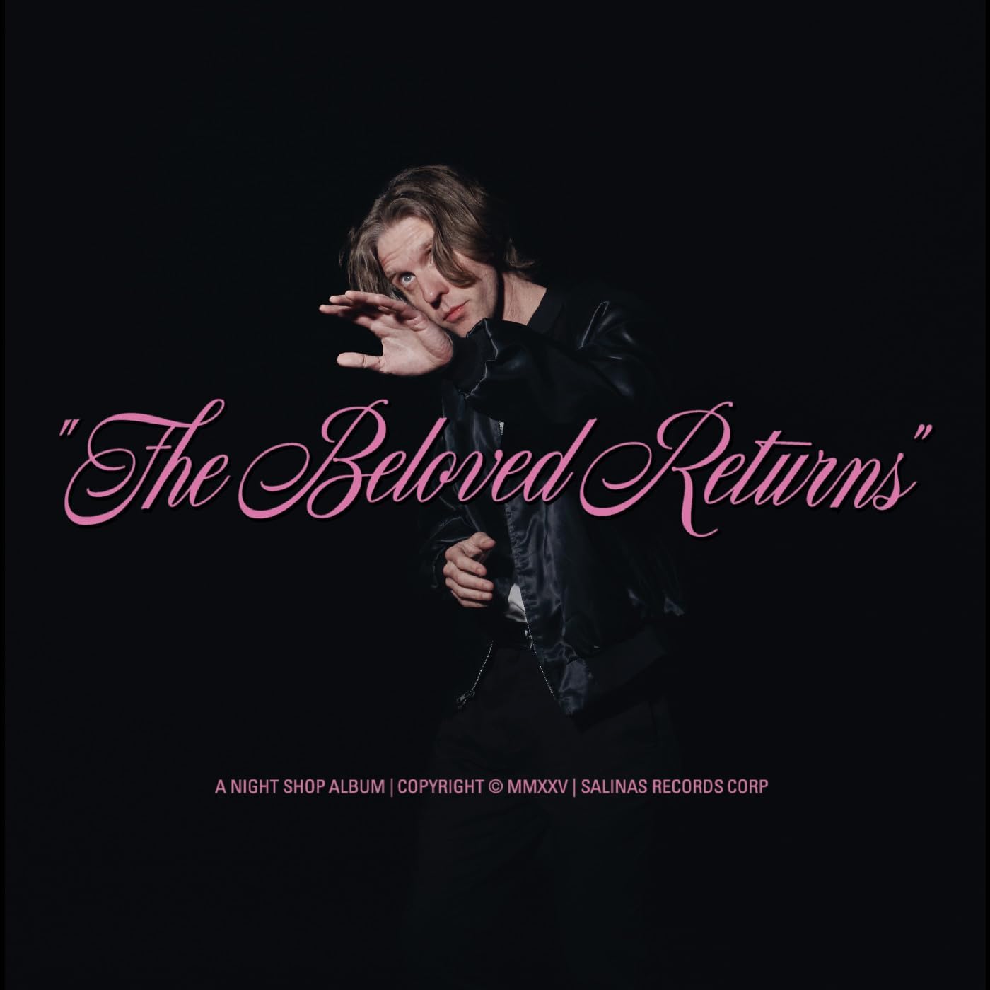 Black album cover featuring a man in leather and pink text.