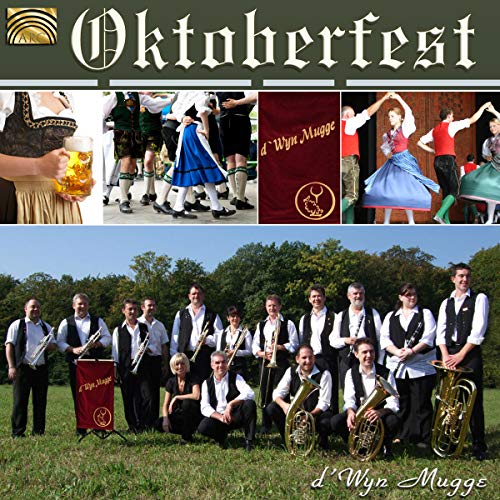 Oktoberfest CD cover featuring a brass band and traditional Bavarian dress.