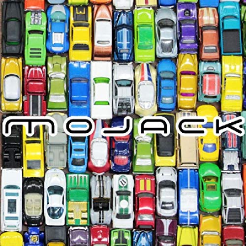 Colorful toy cars densely arranged with the word "MOJACK" overlaid.