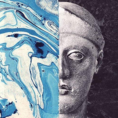 Split image of blue marble and a weathered stone face.