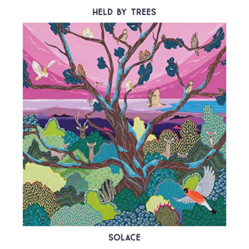 Album cover: colorful illustration of trees with birds and deer.