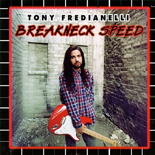 CD cover: musician with red electric guitar in front of brick wall.